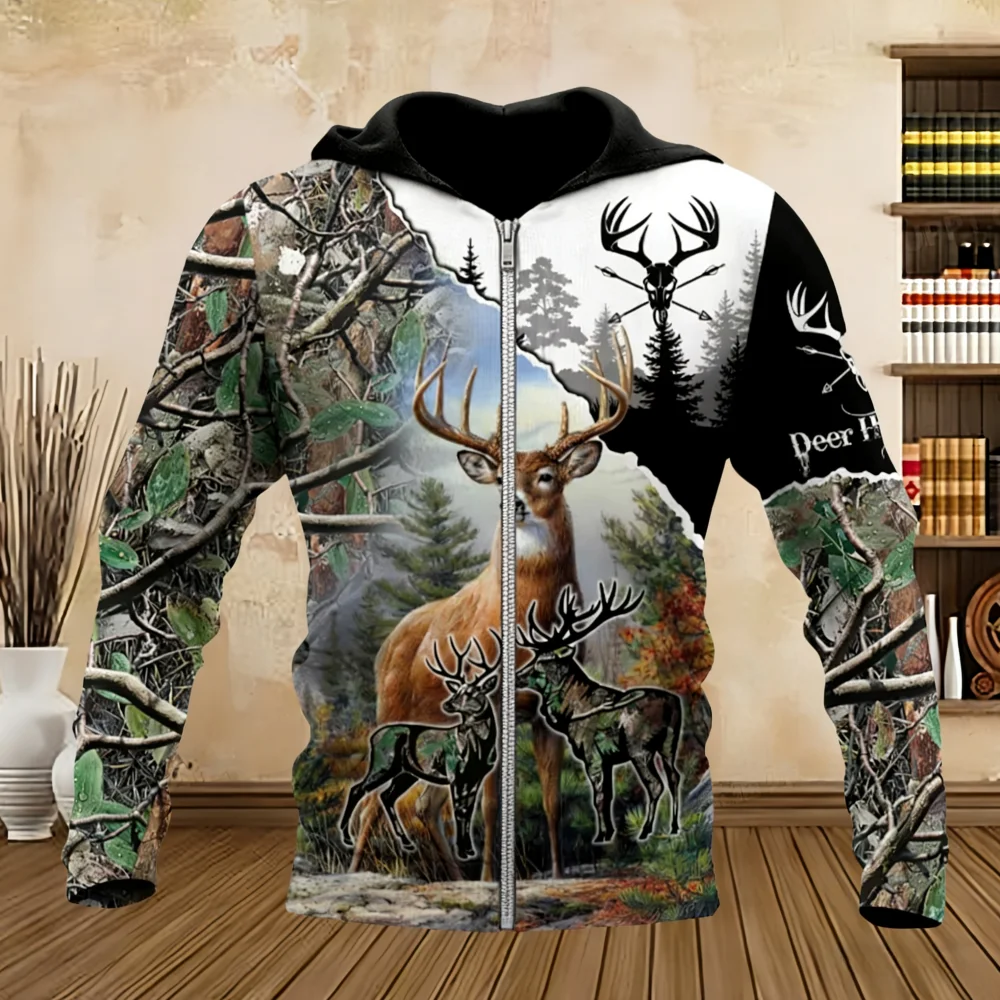 

Мужская модная охотничья свободная толстовка с капюшоном на молнии, большой 3D принт с изображением оленя, супер большая толстовка в стиле Харадзюку, модная толстовка для энтузиастов