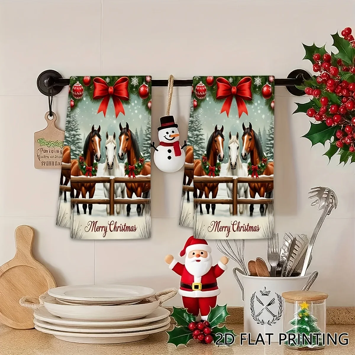 2pcs Festive Horse Christmas Towels -  Ideal for Cooking Baking Kitchen Use
