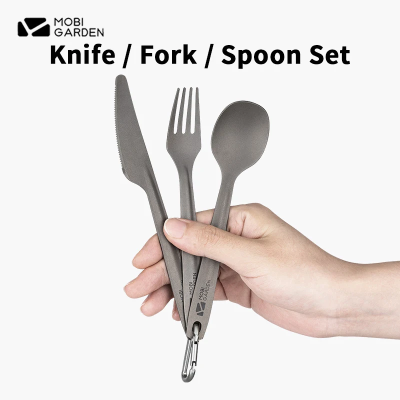 モビガーデン-超軽量チタン屋外食器セット、ポータブル食器ツール、ピクニックキャンプナイフ、フォークとスプーン、41g