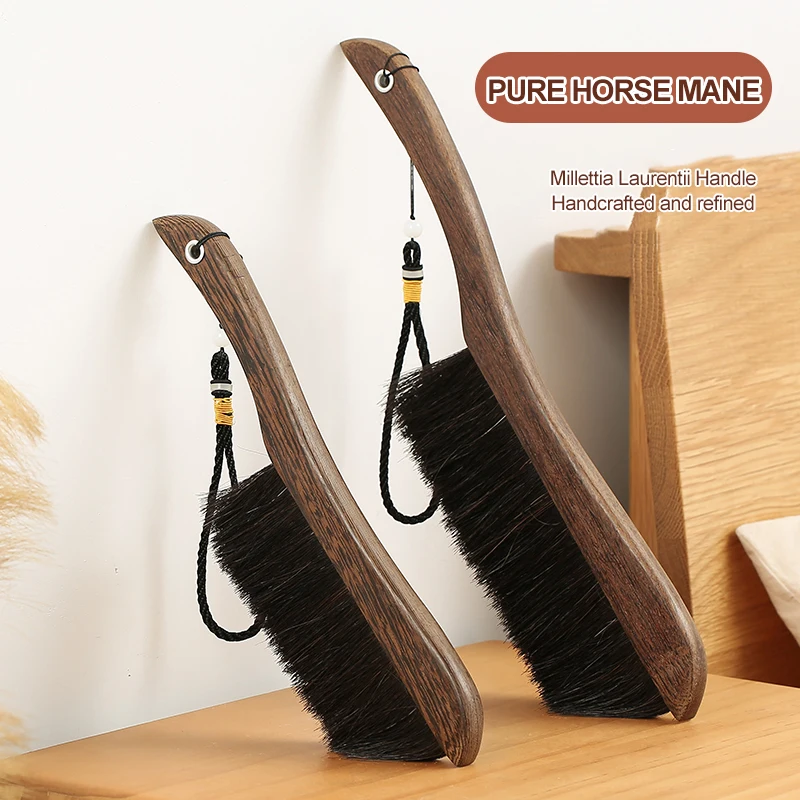 Wooden Cleaning Brush Horse Hair  Long Handle Duster Dust Brush Hand Broom Soft and Anti-static Furniture Car Interior Cleaning