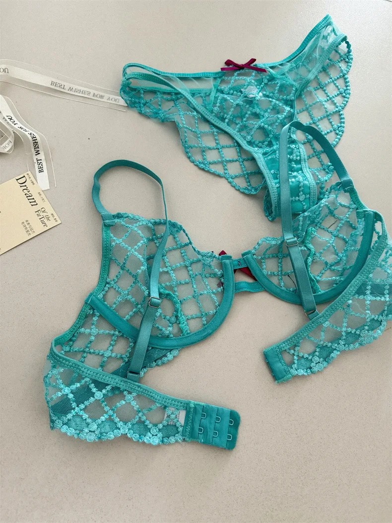 French perspective sexy lingerie brief mermaid blue 3 piece large chest bralette lace bra and underpanty romantic brassiere