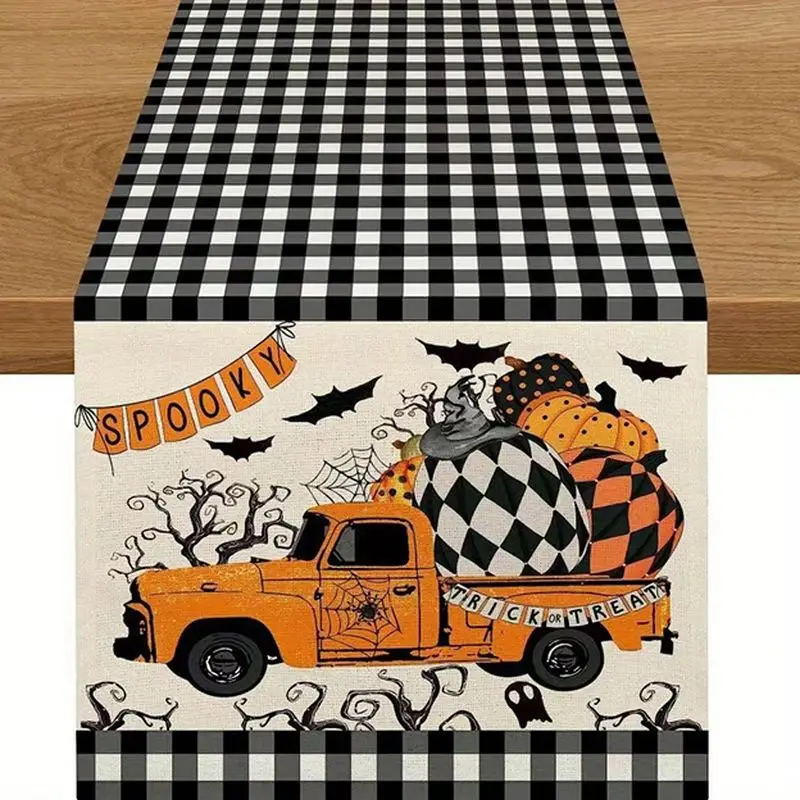 VIKAMA Trick Or Treat Table Runner Retro Truck Pumpkin Bat Spider Web Pattern Long Table Cloth For Fall Holiday Dining Decor