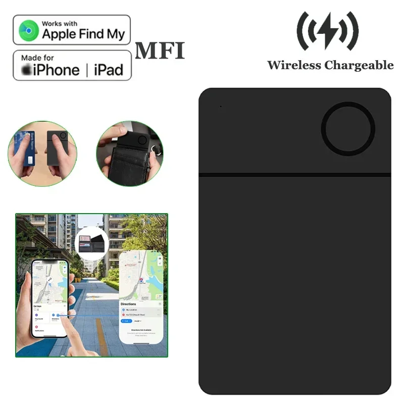 Cartão de rastreamento de carregamento sem fio Bluetooth Rastreador de posição global com Apple Find My Recarregável Smart Card Localizador Carteira Tag