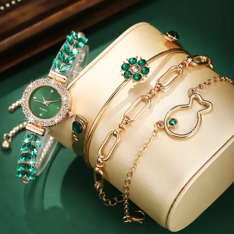 여성용 다용도 쿼츠 시계 세트, 트렌디 다이아몬드 상감 조명, 럭셔리 합금 팔찌 시계, 한국 버전, 5 개