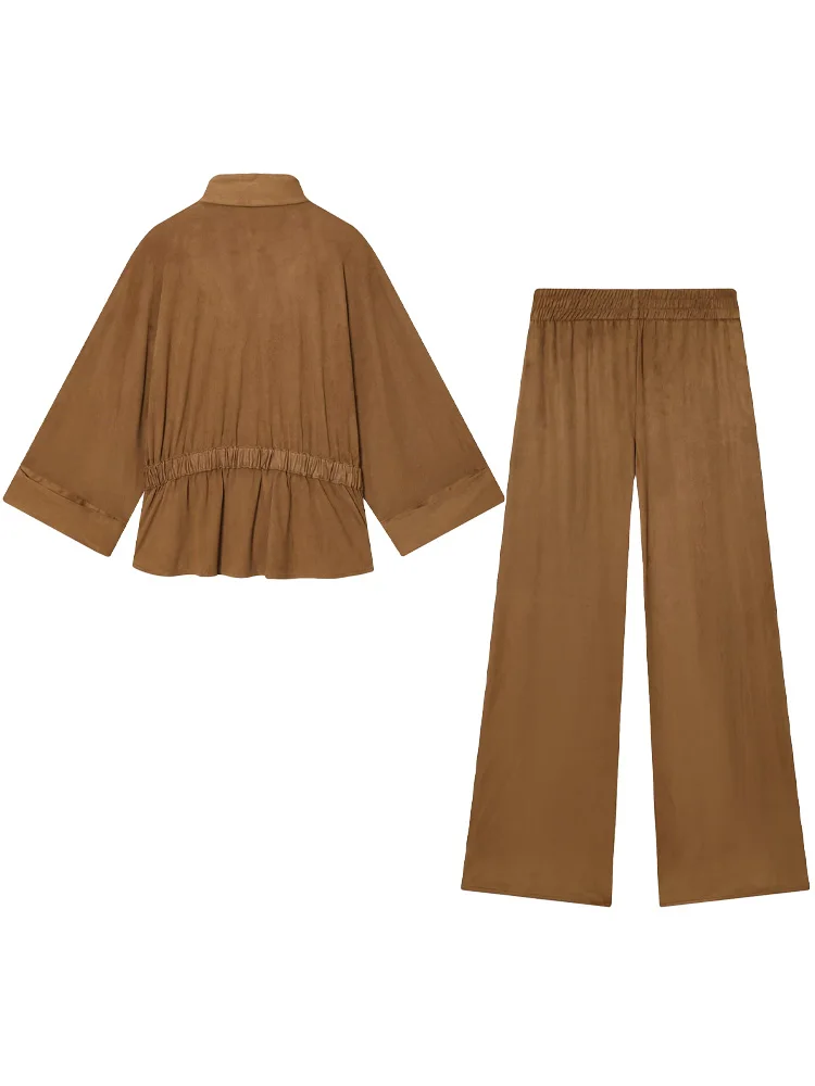 HH – chemises amples à lacets et col montant pour femmes, manches longues, boutons, poches à taille élastique, pantalon à jambes larges, ensemble 2 pièces solide, automne