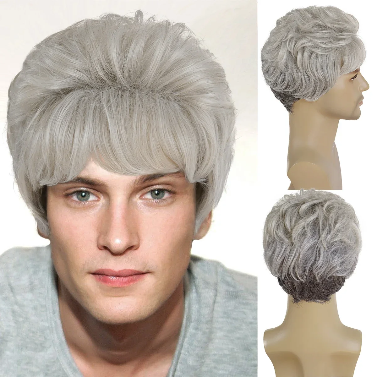 Synthetic Grey Wig for Men Short Curly Hair Natural Hairline Fluffy Hairstyle Father Wig Daily Cosplay Costume Halloween Fiber