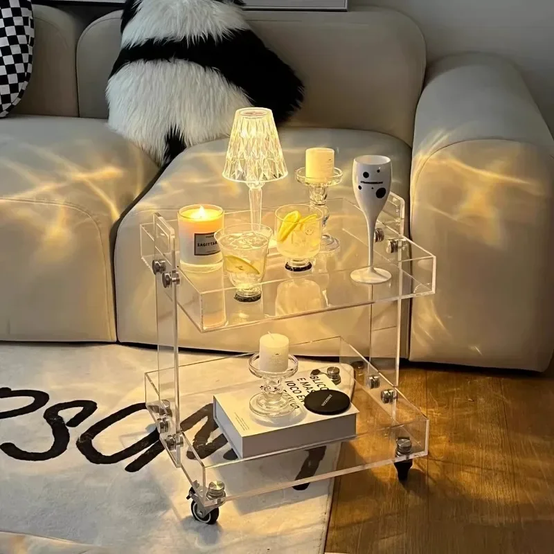 Acrylic transparent movable trolley bedside table coffee table multi-layer shelf mobile storage rack