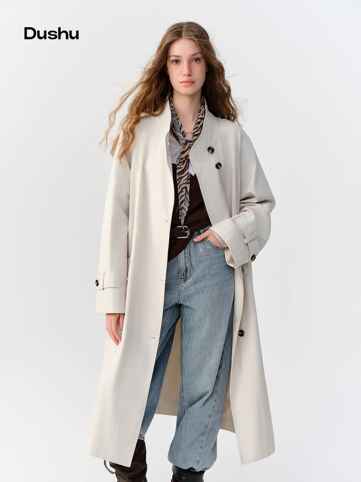 DUSHU 2026 Fall Women's Single-Breasted Stand Collar Trench Coat, Mid-Length Minimalist Car Coat Heritage Office Style Trench