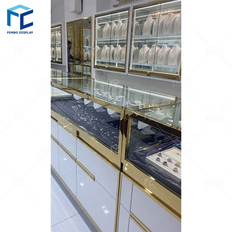 

2025customized. luxury showroom counter shop furniture stainless steel glass jewelry display showcase jewelry cabinets with LED