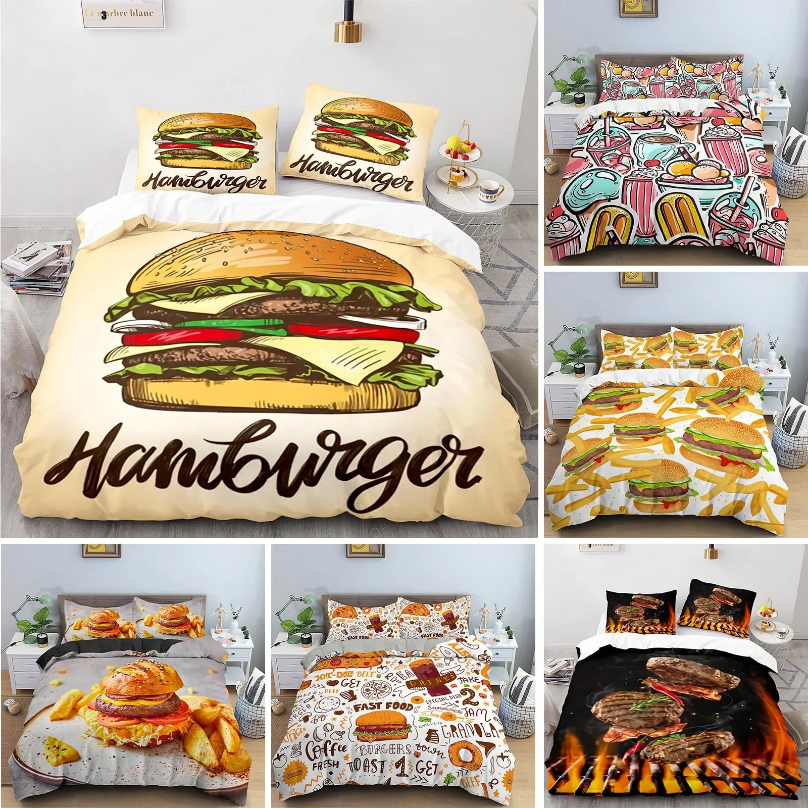 

Hamburger King Queen Duvet Cover Fast Food Theme Bedding Set Meat Cheese Quilt Cover Kids Lovely Cartoon Style Comforter Cover