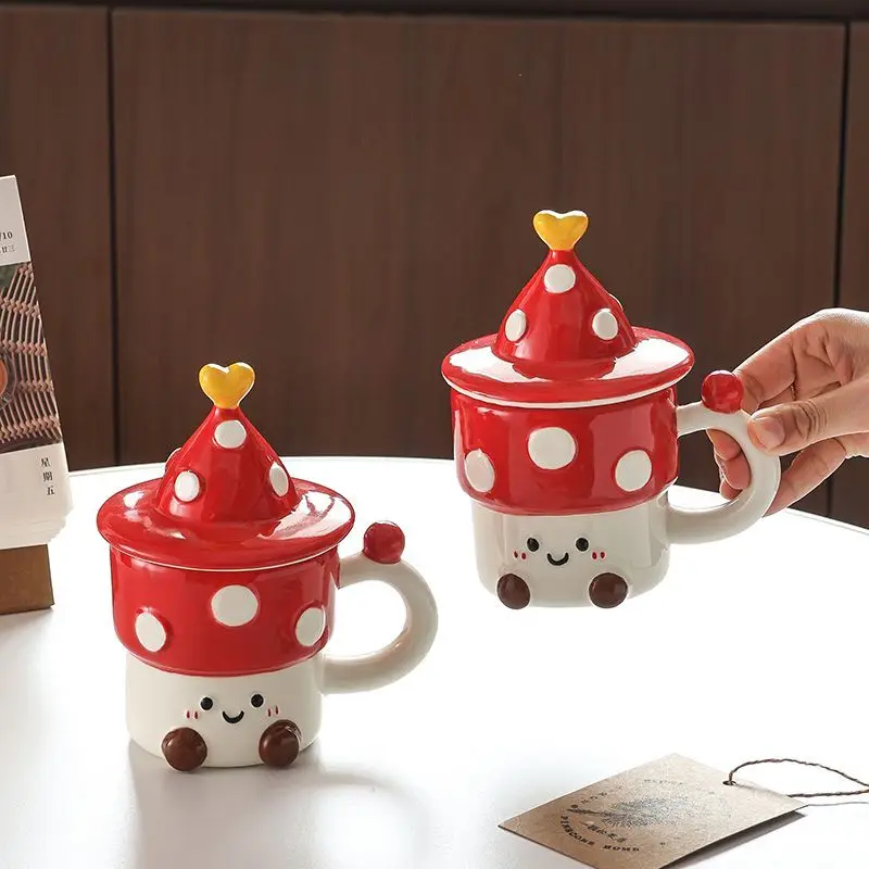 Cute 3D Mushroom Head Ceramic Mug with Lid Red Mushroom Coffee Latte Cup Exquisite Afternoon Tea Flower Tea Cup Milk Mug Gifts
