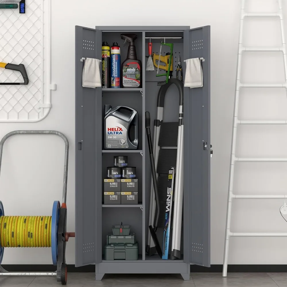Utility Closet Cabinets with Locking Doors and Pegboard for Basement Laundry Room Storage Solutions