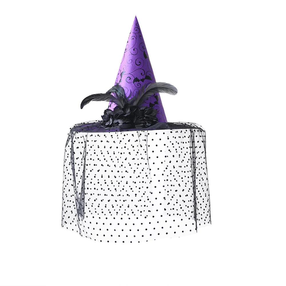 

Photography Props Lace Veils Halloween Witch Hat Gothic Uniqu Masquerade Hat with Black Flowers Wizard Hat Fancy Dress