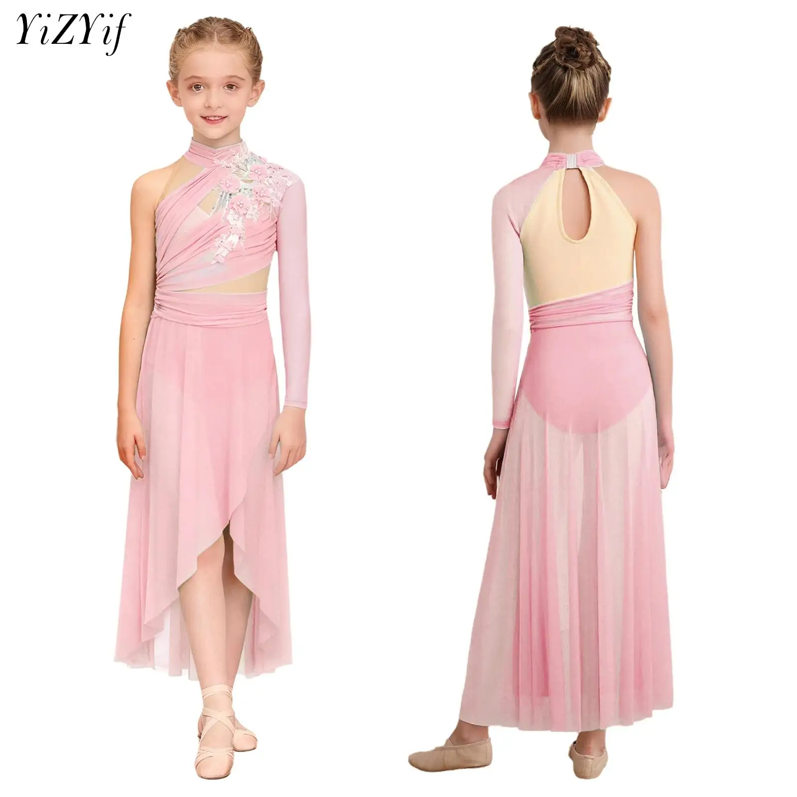 

Платье для лирических танцев для девочек, аппликация на одно плечо, прозрачная сетка, фигурное катание, художественная гимнастика, балетные трико, современная танцевальная одежда