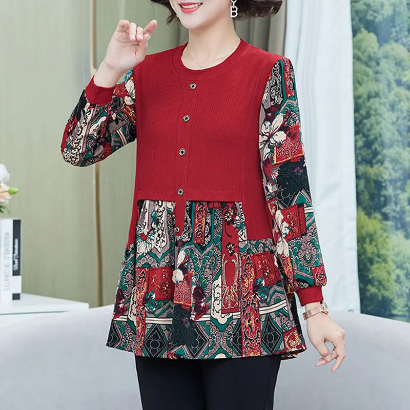 Female Clothing Vintage Printed Shirt Spring Autumn Long Sleeve Casual Patchwork Commute Stylish Round Neck Button Loose Blouse