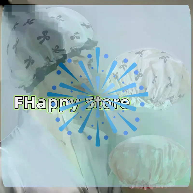 [MA]Three-piece Set Double-Layer Waterproof Reusable Shower Cap Stylish And Elasticity Bowknot Print Hair Cover For Bathing Cap