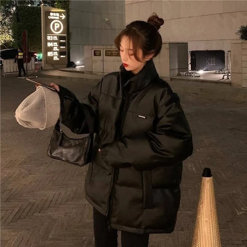 Black Women Parkas Korean Baggy Cotton Jacket New Pu Leather Thicken Winter Outwear Fashion Stand Collar Warm Waterproof Coat