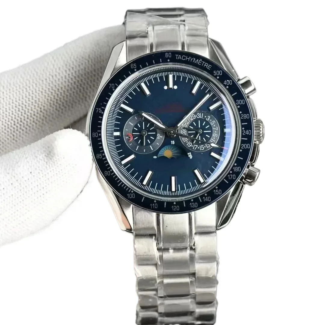 ساعة ميكانيكية أوتوماتيكية فاخرة MoonPhase من الفولاذ المقاوم للصدأ باللون الأسود والأزرق والسيراميك وزجاج الياقوت 42 مم حسب الطلب #5