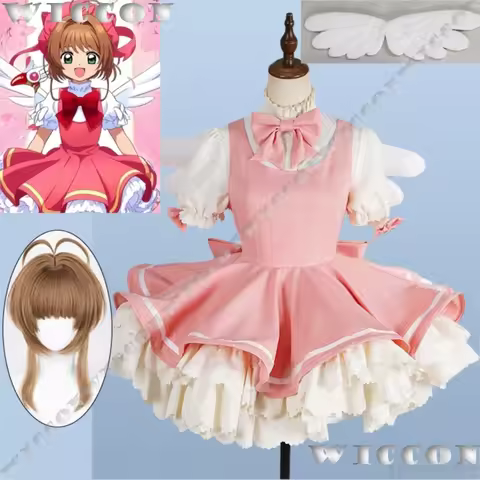 KINOMOTO SAKURA Anime Card Captor Cosplay Coatume Pink White Lolita Dress Wings Cute Suit Girl Outfit Halloween Party Carnival