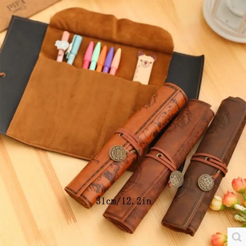 

Large Capacity Roll Up Pencil Case PU Leather Vintage Treasure Map Design Student Simple Stationery Organizer Canvas Pencil Wrap