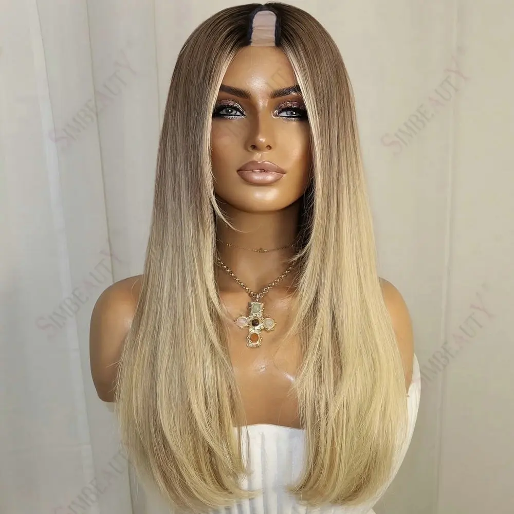 Europäisches Haar, hellbraun, Ombré-Effekt, aschblond, seidig glatt, U-Part-Perücke, Echthaar für Damen, einfach anzubringen, ohne Klebstoff, V-Part-Perücke. – Detail 1