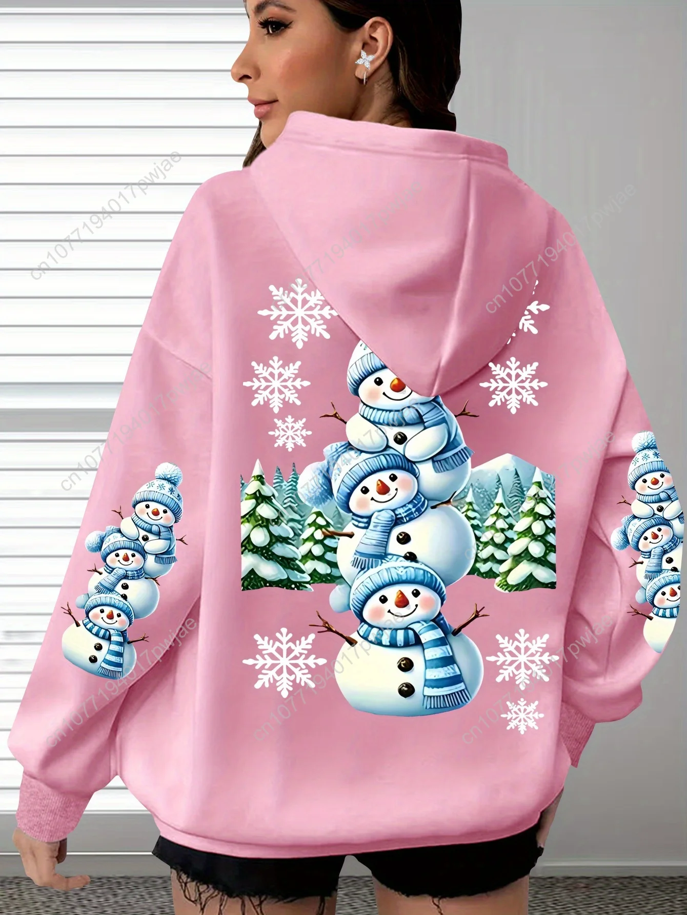 Felpa con cappuccio casual con stampa pupazzo di neve taglie forti - Felpa con tasca a marsupio a maniche lunghe, abbigliamento da donna