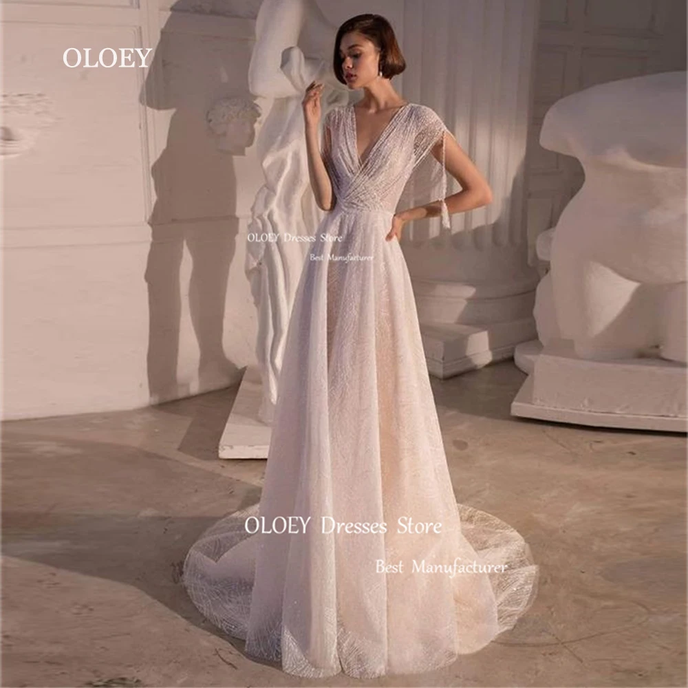 OLOEY Glitter Beading Wedding Dresses Sexy Deep V-Neck Summer Bride Dresses Receiption Gowns Soft Tulle Robe de mariage Custom