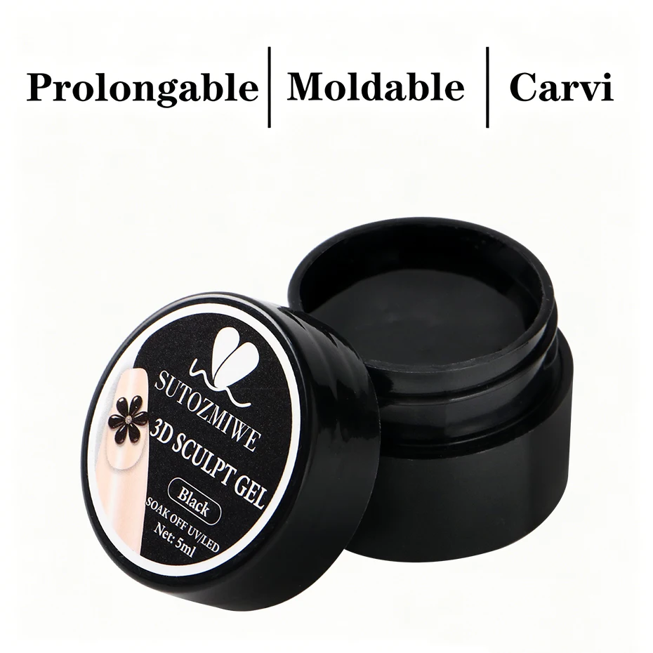 5ml Schwarzes 3D-Modelliergel Nagellack Nicht Klebend für Nagelverlängerungen, Blumenformung Modellierendes Schwarzes Festes Gel Nagel-Dekor – Detail 5
