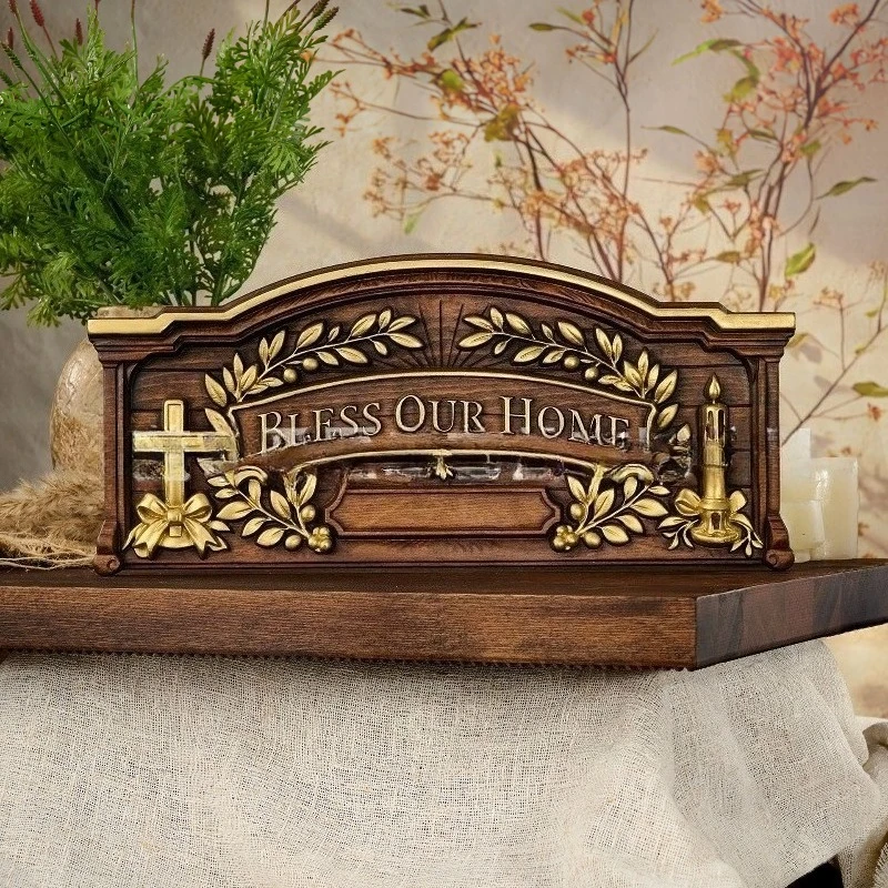 High Quality European-Style Vintage Wooden Home Decor Blessing Plaque Wooden Carved Cross Ornament