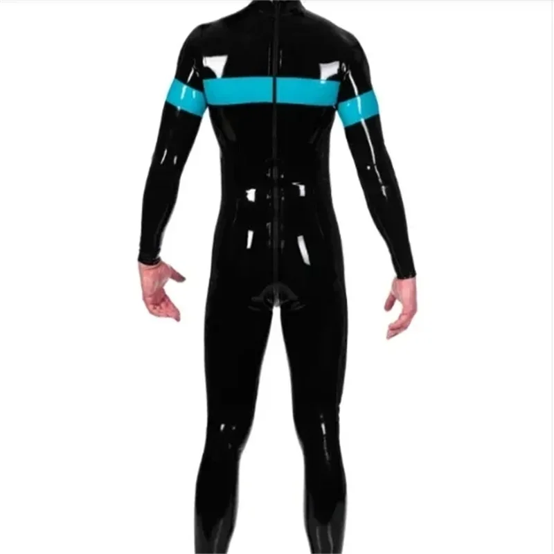 Handmade Latex Catsuit with Back Zipper Black with Blue Bodysuit for Men