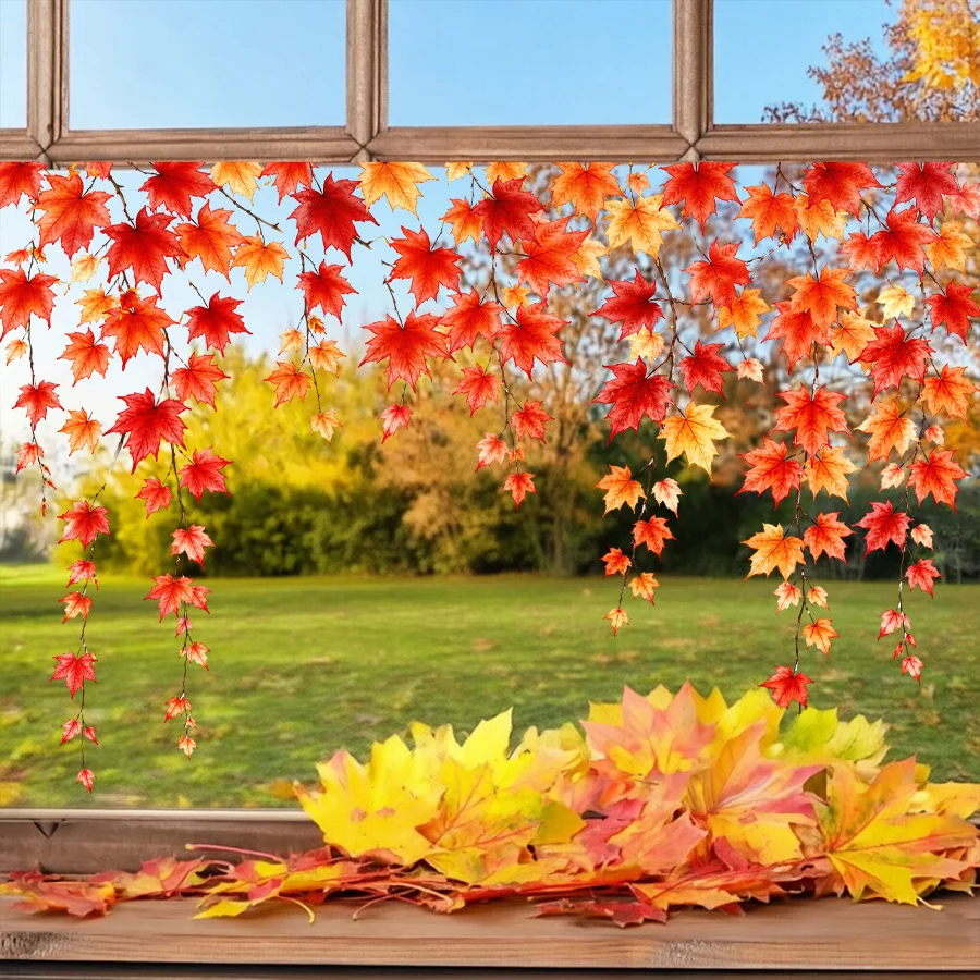 11.81*23.62inch Autumn Window Stickers, Hanging Maple Leaves Vine Decals, Removable Red And Orange Fall Foliage Static Clings