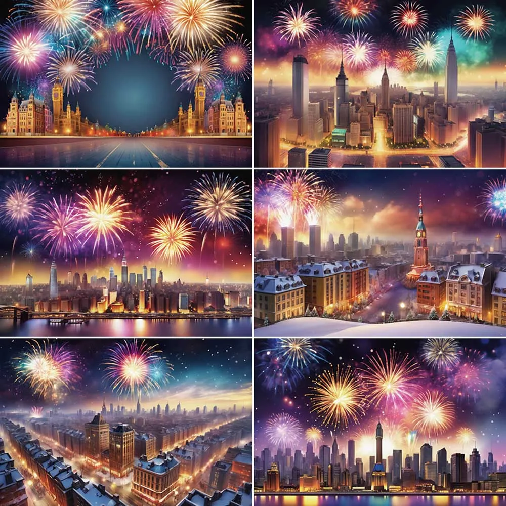 

MOON.QG 2025 New Year Photography Background City Fireworks Decoration Backdrop Sign Home Party Banner Poster Photobooth Props