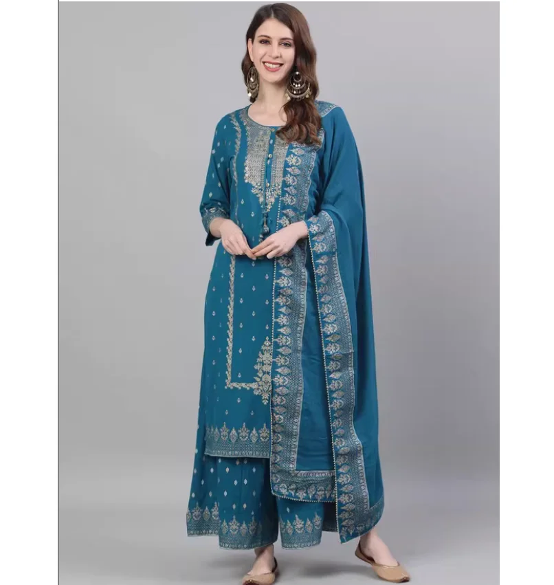 Spring and Summer Indian Ethnic Style 100% Cotton Printed Navy Blue Three-Piece Set