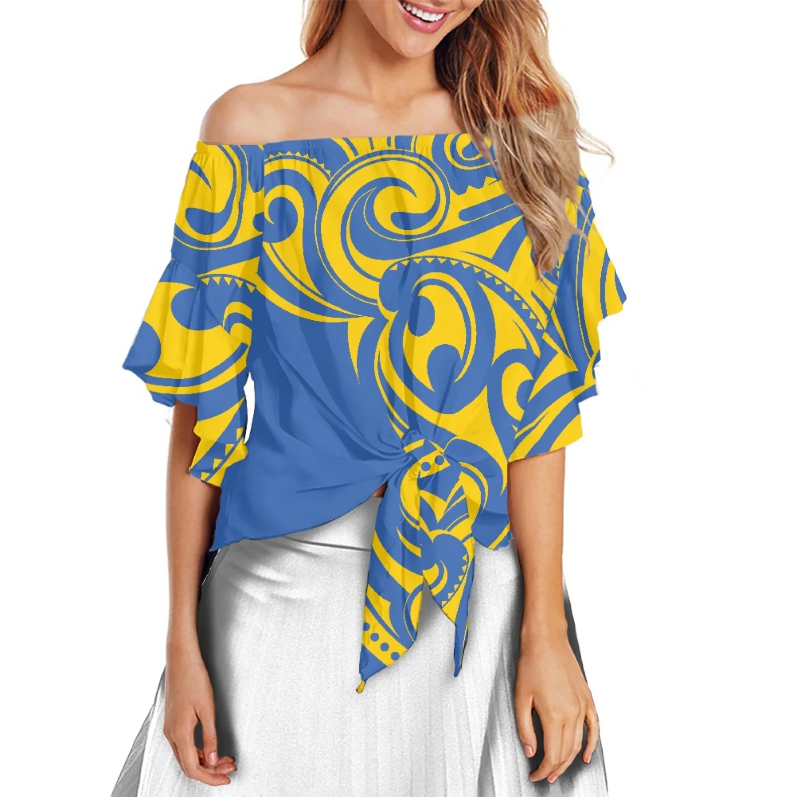 

Off Shoulder Tops 100% Polyester Women Shirt Flare Sleeve Retro Style Luxury Design America Haitian Hibiscus Printing Blouses