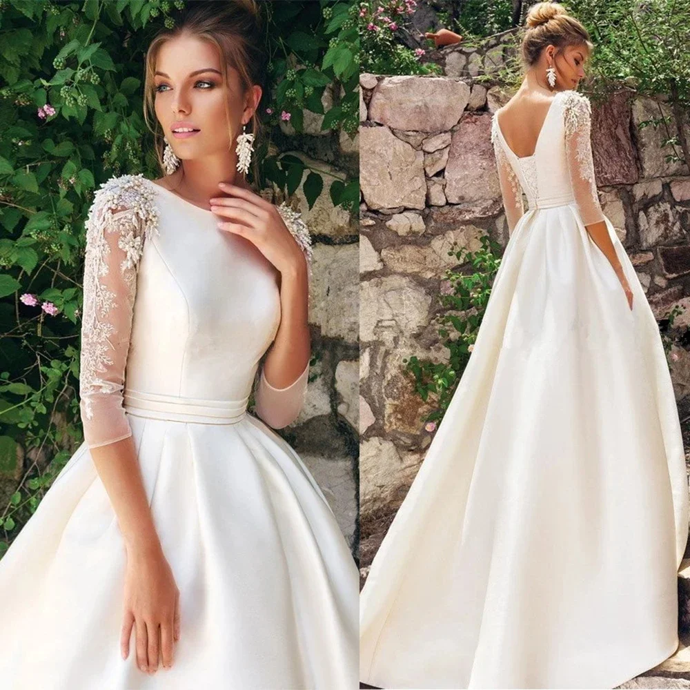 

Half Sleeves Satin Wedding Dresses 2024 Beading O-Neck Elegant Vestido De Noiva Sweep Fashion Appliques Bridal Gowns Lace-up