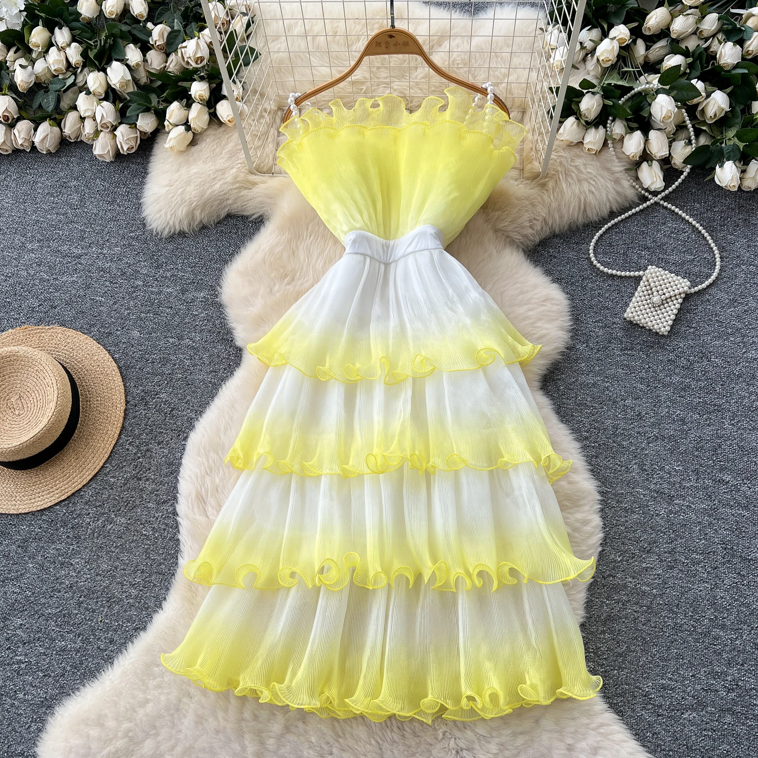 Vintage elegante gradiente sem mangas em camadas vestido de malha chique a linha moda vestidos vestido feminino