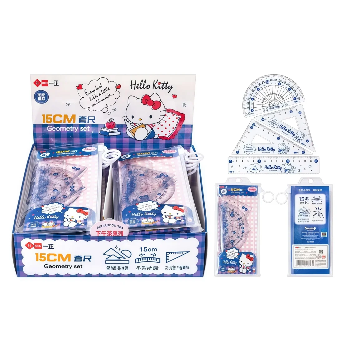 4Pc Sanrio Hello Kitty Cartoon 15cm Ruler Set Four-Piece Set of School Drawing Stationery for Primary School Students