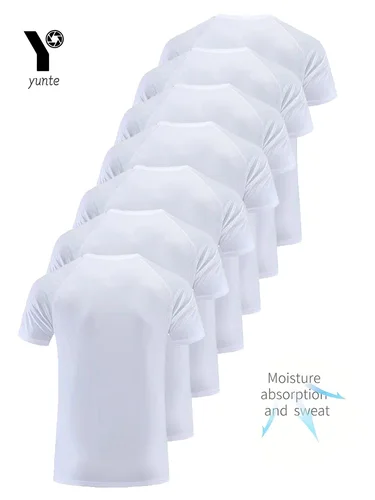 Imagen 2 del producto Camiseta de cuello redondo Camisa absorbente de sudor transpirable de secado rápido ultraligera blanca de 7 piezas adecuada para gimnasio físico y Ru