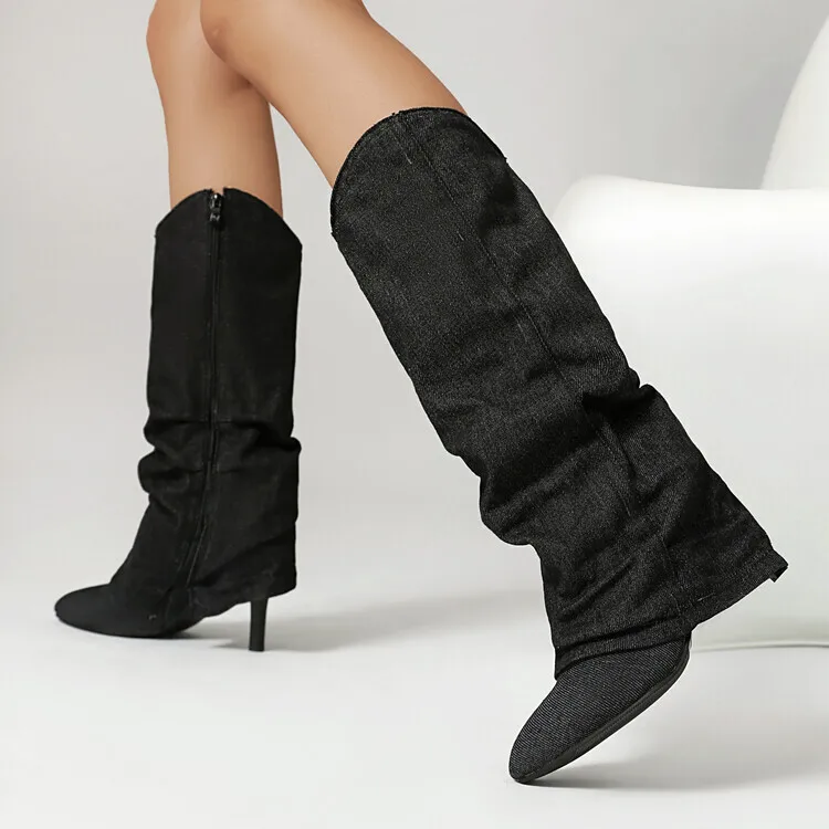 

Denim Boots 2024 Autumn Winter Pointed Toe Side Zipper High-heeled Knee High Boots For Women