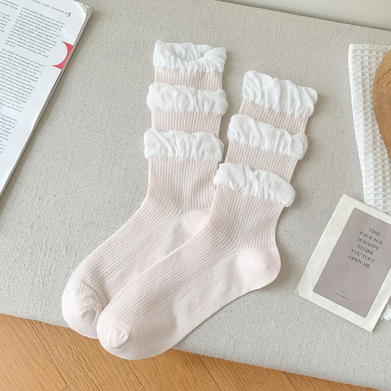 Girls Kawaii Ballet Socks Cream Color Bubble Ruffle Cuff Lace Trim Korean Sweet Style Stacked Sock Spring Fall Soft Cotton Sock