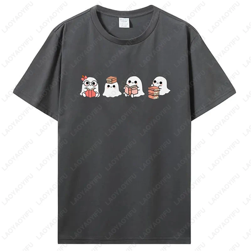 Ghost Reading Bookish Halloween Tshirt Reading Bookworm Men Women Regular Short Sleeve Kawaii Lovely Summer Unisex Cotton Tees