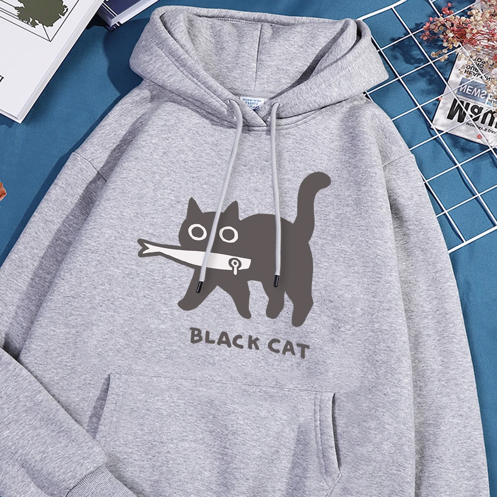 Fun A Black Cat Eating Fish Hoody Men Women Harajuku Fashion Sweatshirt Loose Oversized Streetwear Fleece Warm Couple Hoodies