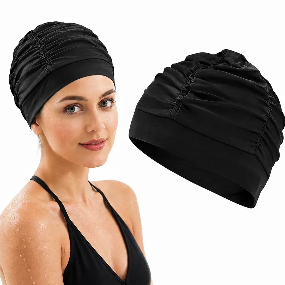 Pleated Elastic Nylon Fabric Swim Caps For Women Long Hair Comfortable Bathing Swim Hat For Pool Swimming