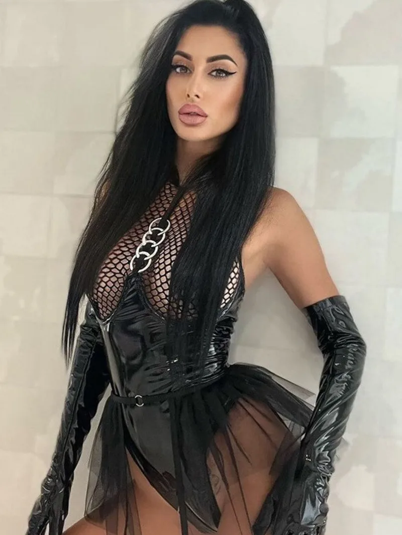 

Sexy Patent Leather Patchwork Halter Neck Bodysuits Erotic Garter Belt Mesh Sheer Uniform Bodysuits Pure Desire Charming BFN5