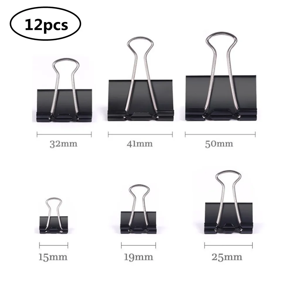 12pcs Black Metal Binder Clips File Paper Clip 19 25 32 41 51mm Notes Letter Clip School Office Stationery Supplies Book Clip