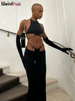 Conjuntos de 2 piezas con tirantes huecos de gato extraño para mujer, Tops sexys lisos con cuello Halter y espalda descubierta + Pantalones acampanados con lentejuelas, trajes ajustados para fiesta