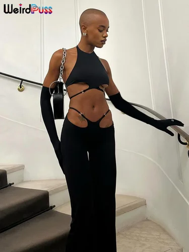 Conjuntos de 2 piezas con tirantes huecos de gato extraño para mujer, Tops sexys lisos con cuello Halter y espalda descubierta + Pantalones acampanados con lentejuelas, trajes ajustados para fiesta