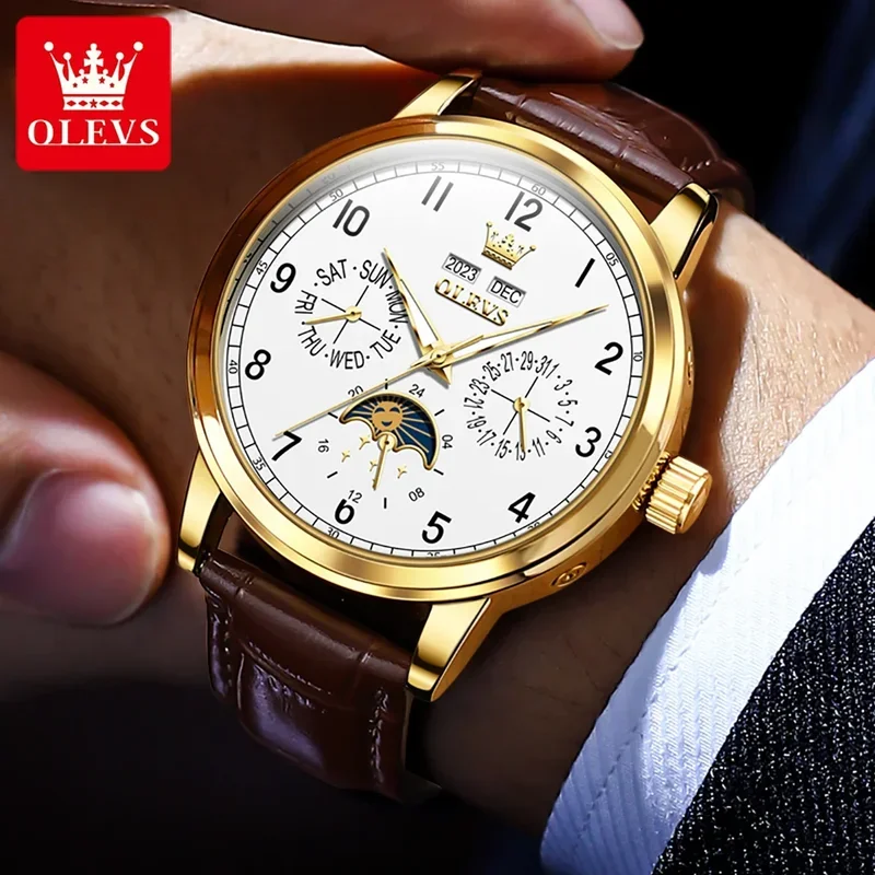 OLEVS 6698 Mechanical Automatic Watch Men Multifunctional Luminous Wristwatch Waterproof Leather Strap Mens Watches Gifts