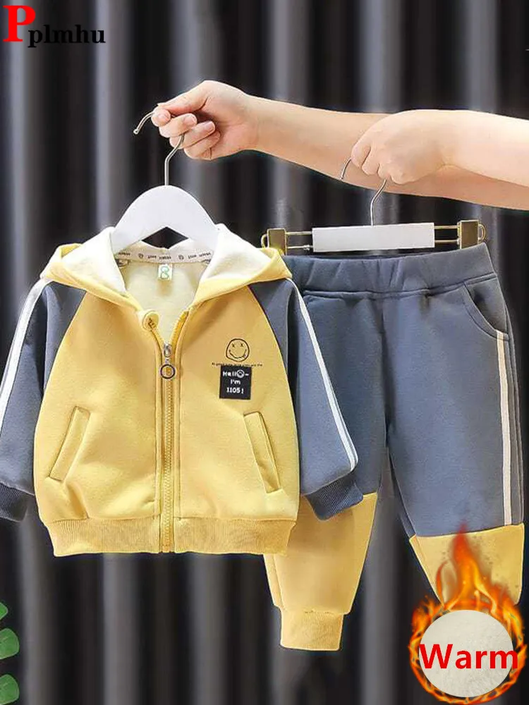 

Winter Patchwork Velvet Lined Boys Outfit Hooded Coat Thick Kids 2 Piece Sets Plush New Jogger Pants 1-5year Children Ensembles