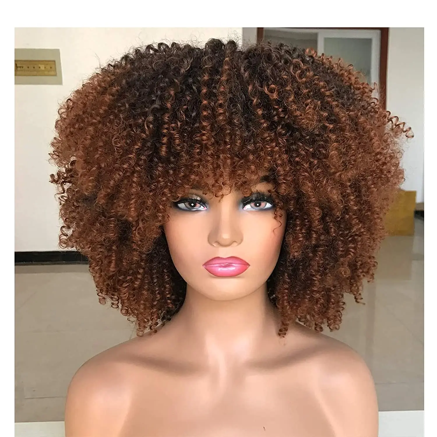 

Afro Bomb Curly Wigs for Black Women Short Afro Kinky Curly Wig with Bangs 14inch Natural Heat Resistant Full Curly Wig